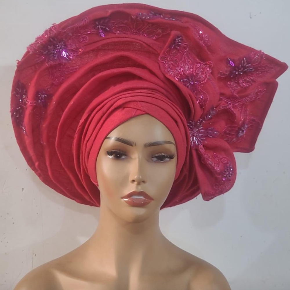 Embellished Red Gele Headwrap